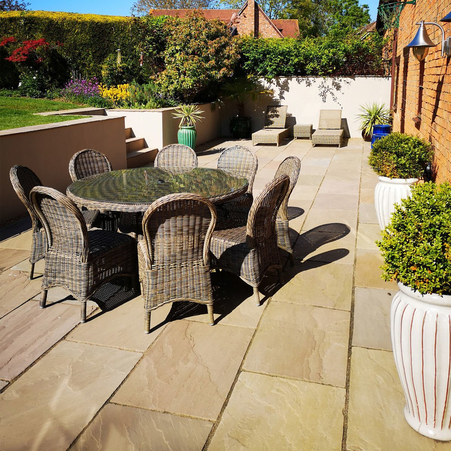 Tudor brushed beige sandstone patio tiles